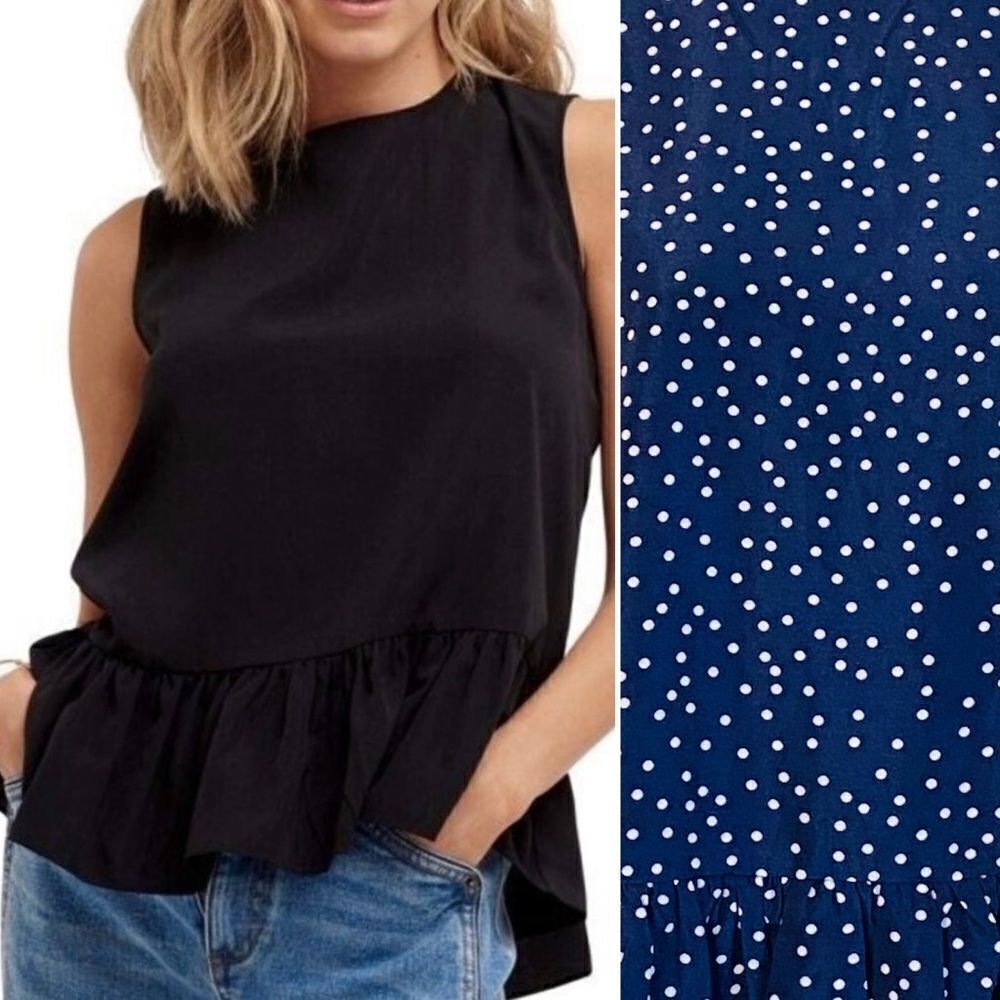 Cooper St Navy Blue White Polka Dot A-Line Ruffle Hem Sleeveless Blouse Sz L NWT